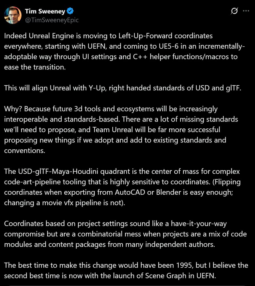 Tweet from Epic CEO Tim Sweeney describing Unreal Engine's move from a Z-up 3D orientation to a Y-up 3D orientation.