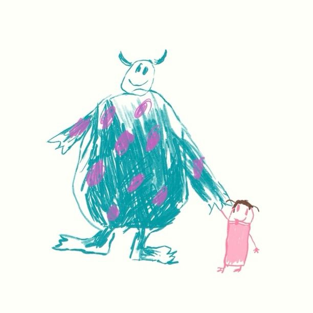 The crayon drawing of Sully and Boo from the movie Monsters, Inc.