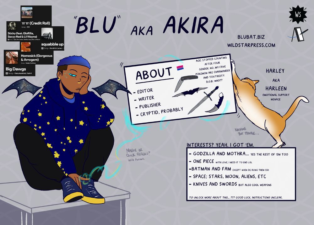 Meet the Artist displaying me and my cat Harley. It has stuff about me and interests that I like. 
Akira: Editor | Writer | Publisher | Cryptid 
Harley (my orange cat): Emotional Support Menace 