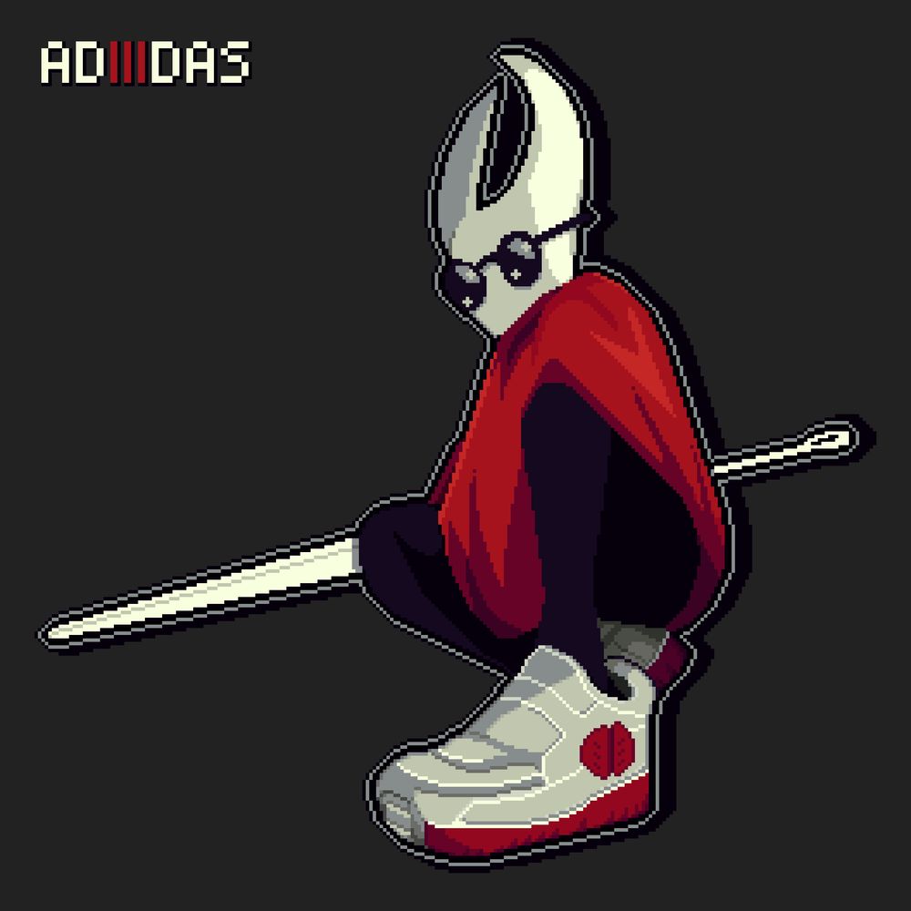 Hornet from Hollow Knight:Silksong posing while using big sneakers and sunglasses. At the top left, "ADIIIDAS" is written with the 3 "I" on red and the rest of letters using ivory white.