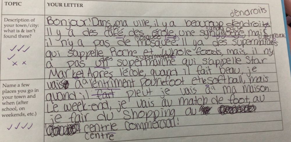 Meets NH and levels up a bit, uncorrected:  Bonjour! Dans ma ville il y a beaucoup d'endroites. Il y a des café, des école, une synygouge, mais il n'y a pas de mosqueé.