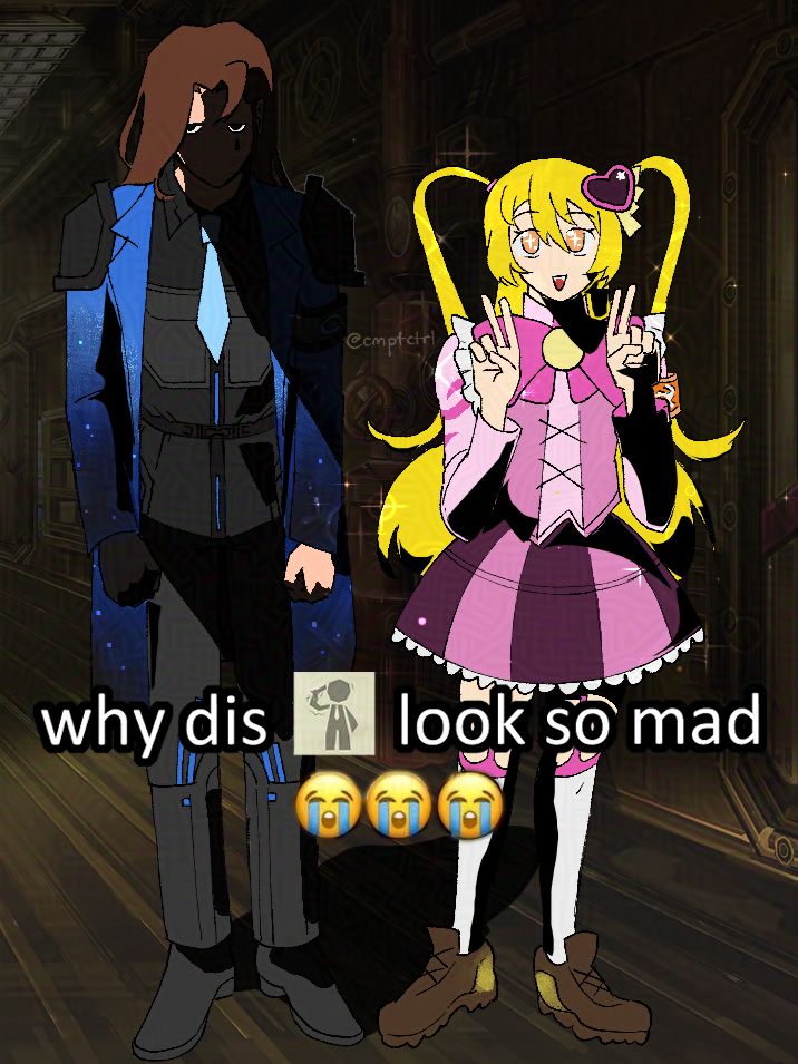 A meme redraw of Rodion and Don Quixote in their magical girl EGO gear. Rodion is covered in shadow, only her eyes showing ominously. Don Quixote throws up two peace signs, smiling and sparkling. The meme caption "why dis clerk look so mad" is overlayed.