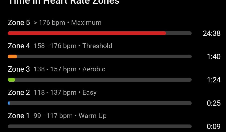 A heart rate chart for runners showing that my heart rate was way into the red for nearly all of my run, for I am a chubby, lazy git.