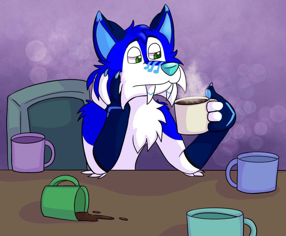 Hamish tired and drinking coffee