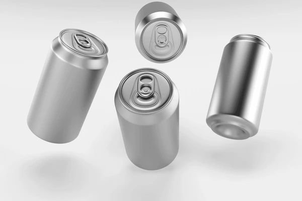 4 blank soda cans, floating in a white void
