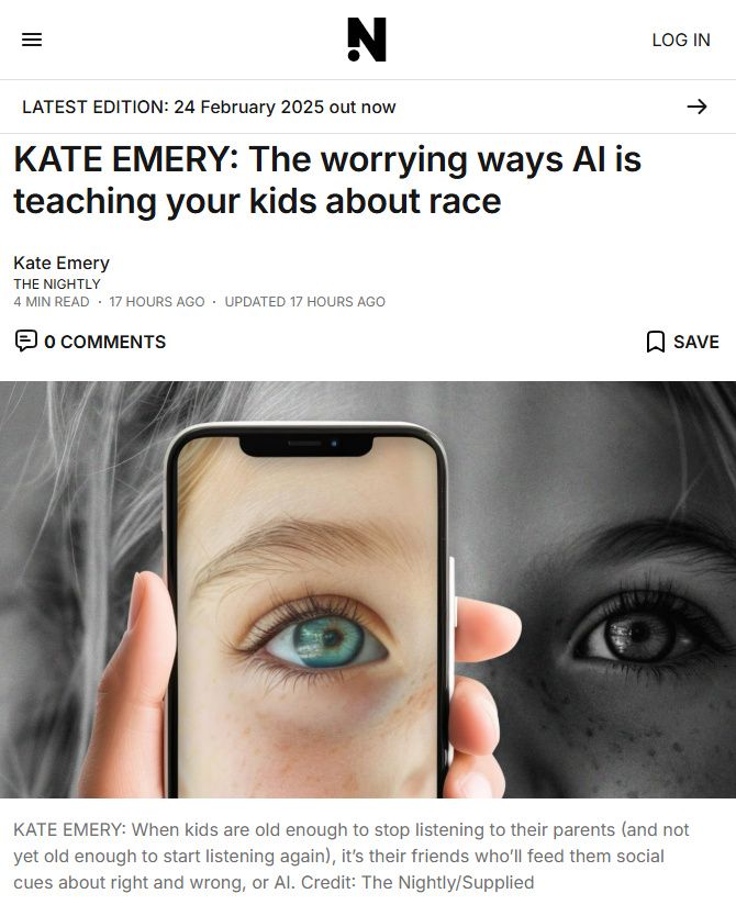 Article headline: KATE EMERY: The worrying ways AI is teaching your kids about race, with an image of a young person's face in black and white, with contrasting coloured version on a phone screen.