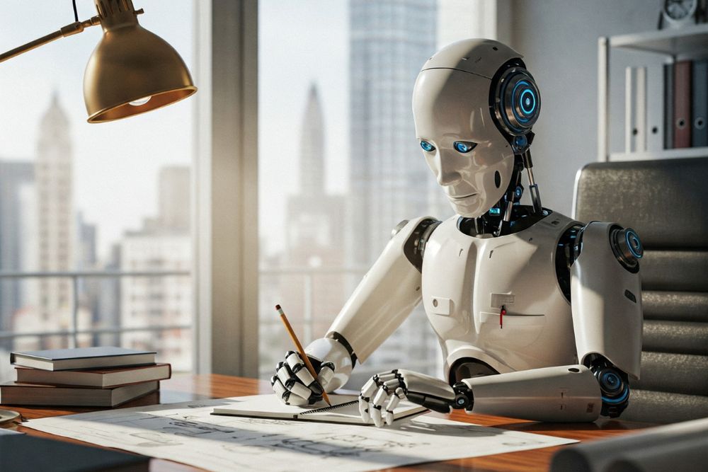 A humanoid robot with blue-lit eyes and mechanical hands sits at a desk in a modern office, drawing on paper with a pencil. It is surrounded by books, blueprints, and a desk lamp, with a city skyline visible through the large windows behind it.