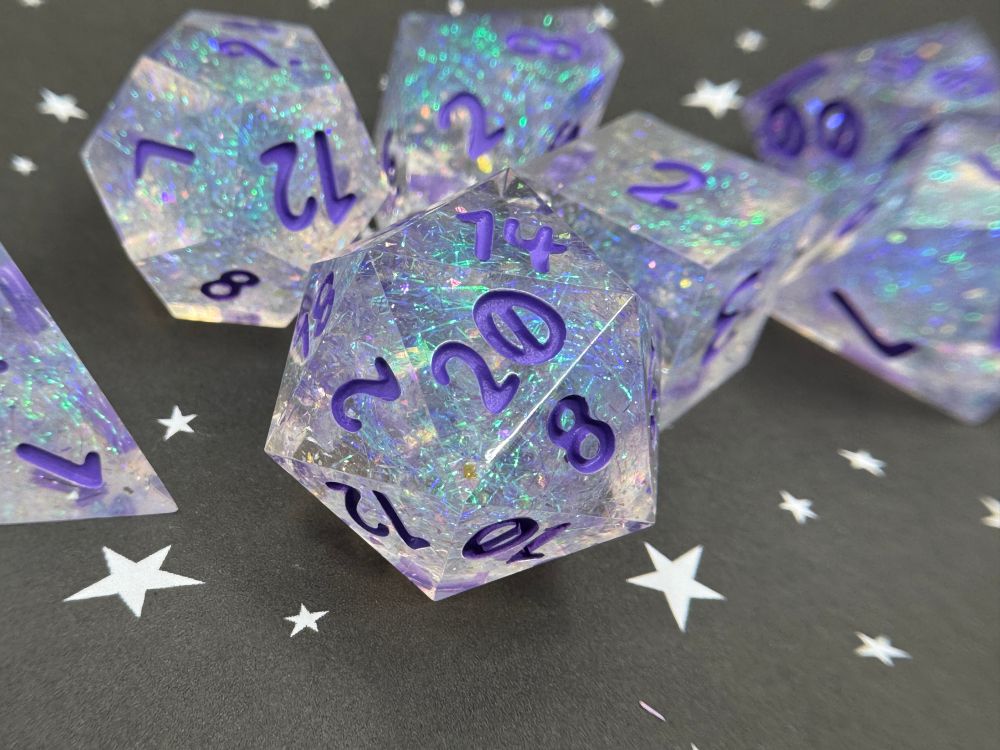 Sparkly holo dice inked in purple 