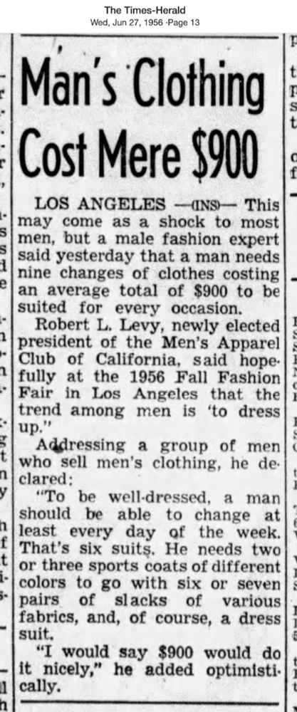 1956 newspaper article "Man's Clothing Cost mere $900"