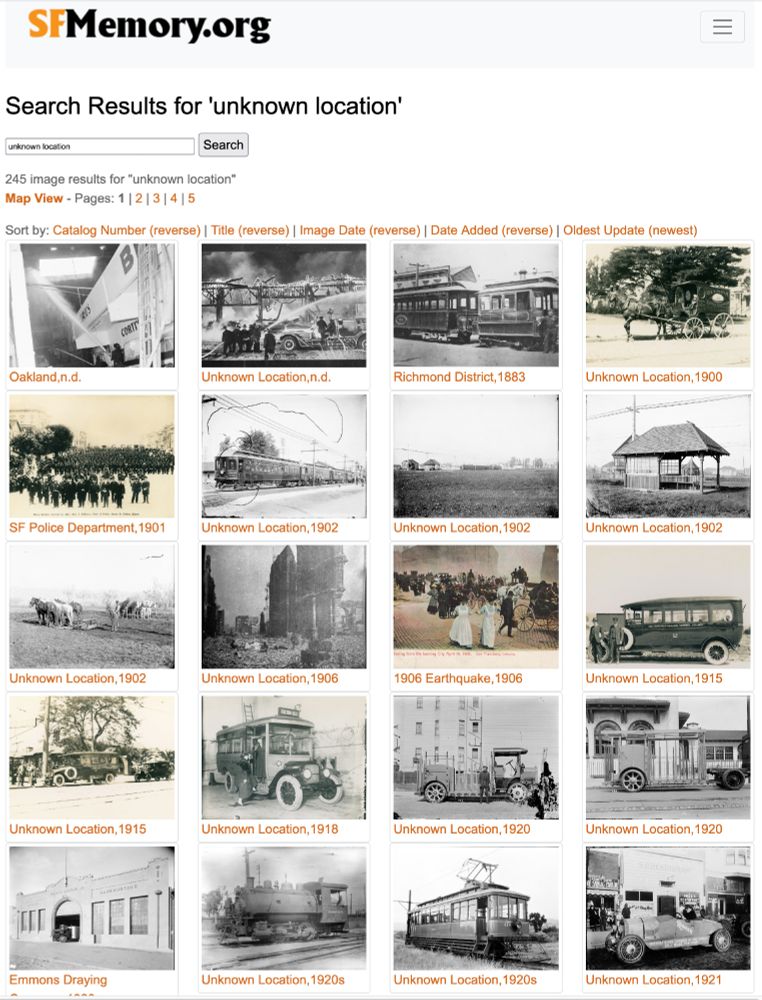 Screen capture from SFMemory.org, showing thumbnail views of images with the title "Unknown Location"