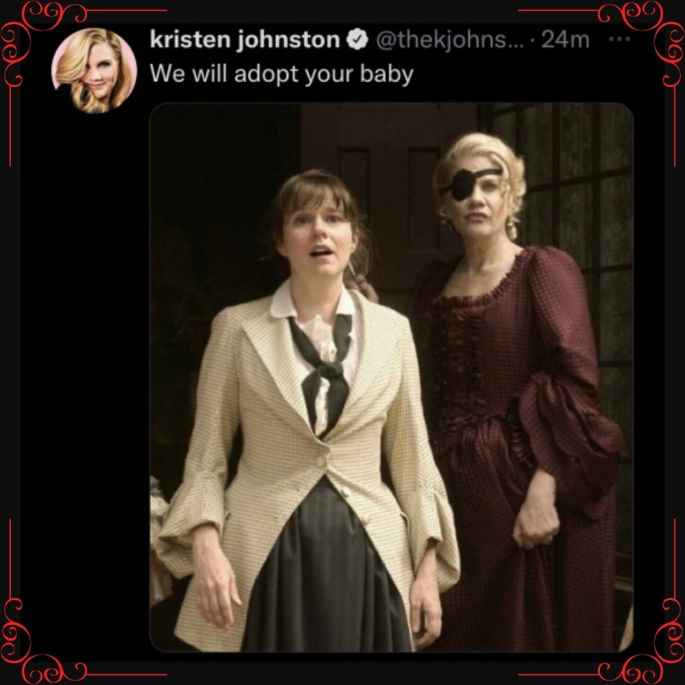 A screenshot of a tweet from Kristen Johnston that reads "we will adopt your baby" and shows an image of Evelyn and Mary