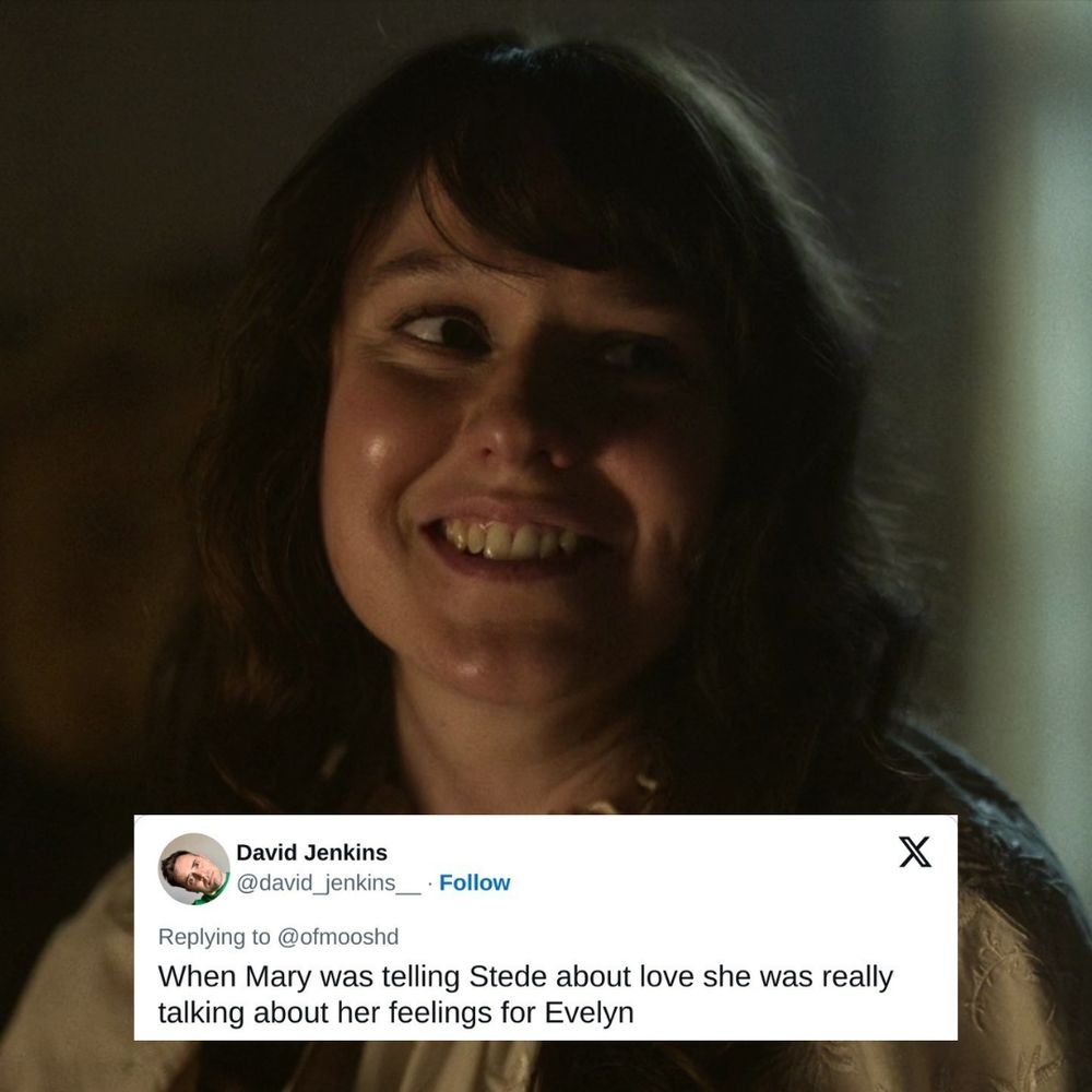Mary in her pajamas, smiling. Overlaid there's a tweet from David Jenkins that reads "When Mary was telling Stede about love she was really talking about her feelings for Evelyn"