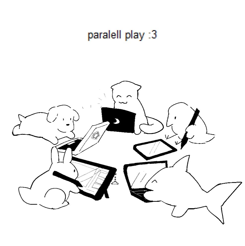 Art of some critters (cat, dog, rabbit, bird, and a shark) all on their own devices (tablets and laptops). The caption reads "paralell play :3"