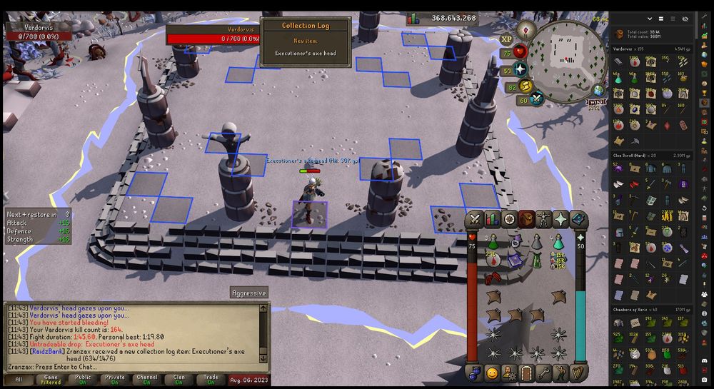 Screenshot of receiving the Executioner's Axe Head from Vardorvis in osrs.