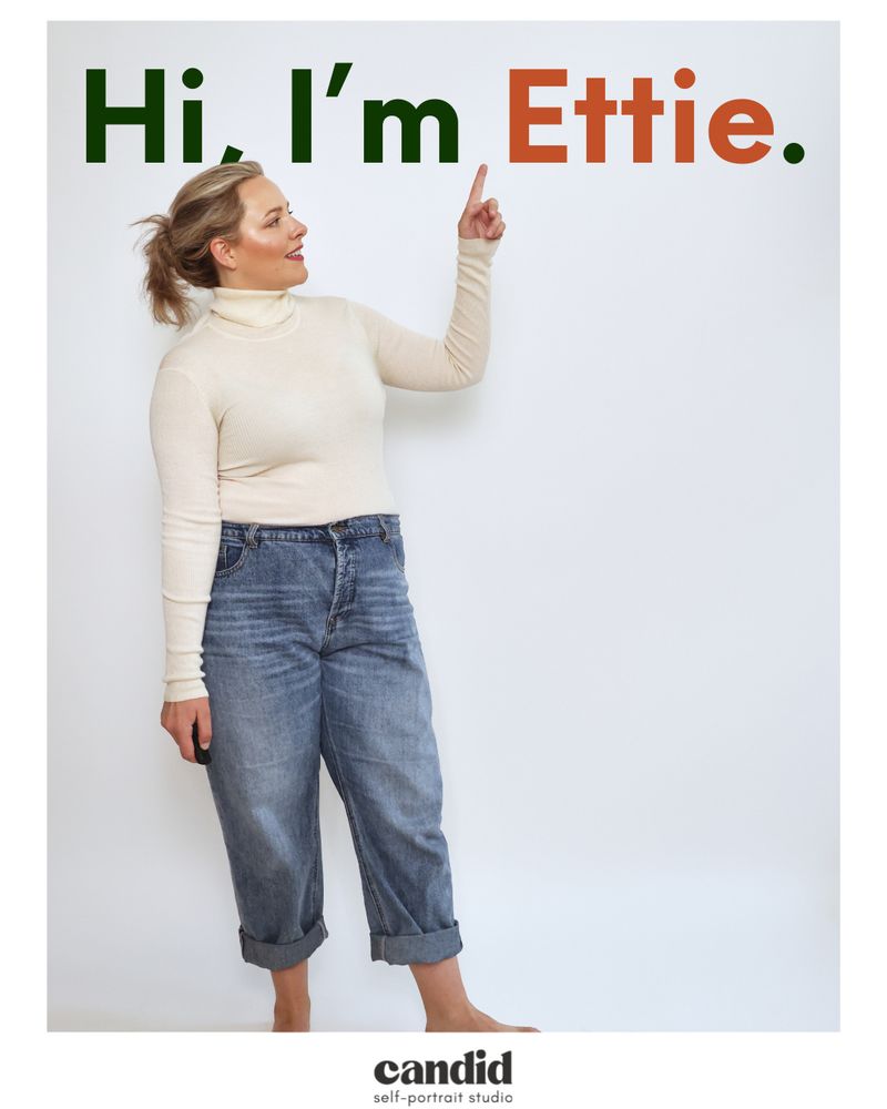 A polaroid-style photo of me, a white woman with blonde, tied-up hair. I'm pointing towards large, green and burnt-orange text that says: "Hi, I'm Ettie." At the bottom, text says: "Candid self-portrait studio."