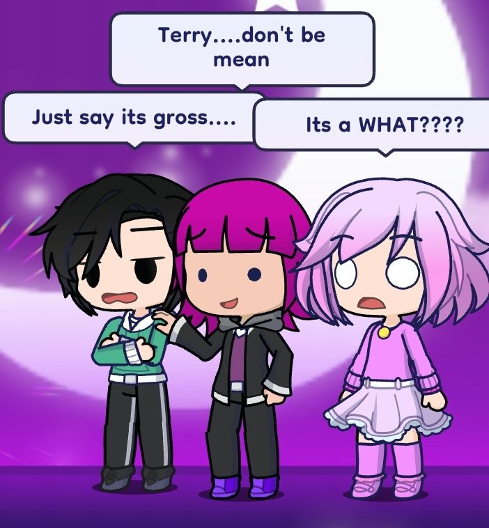 Kahula (right end) is flabbergasted by Kerry's gift,Terry (left end) tells Olivia to say its gross cause him and Kerry didn't get along well and Ace (middle) tells him not to be mean,