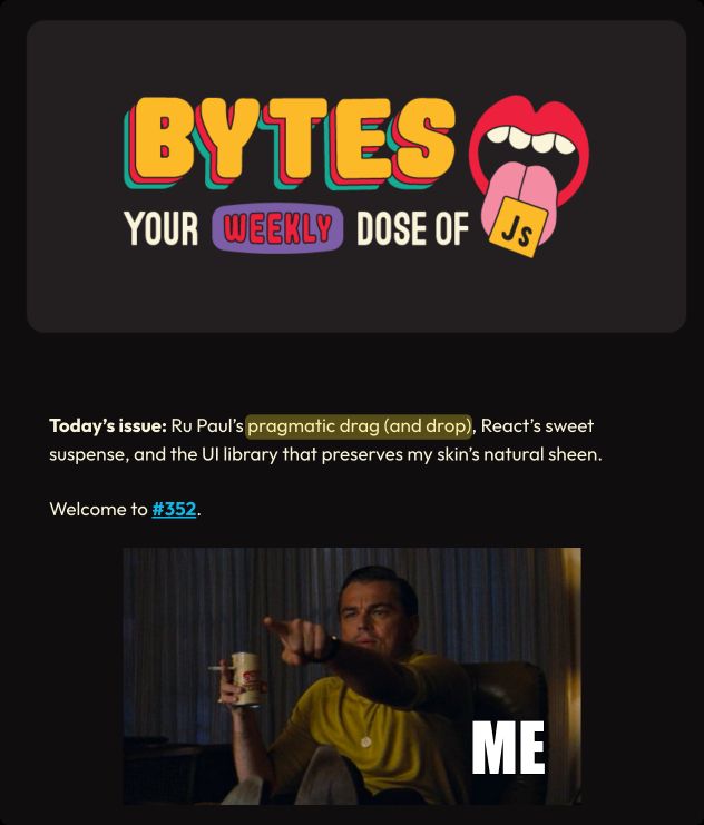 Screenshot of newsletter + a meme of me pointing at it
