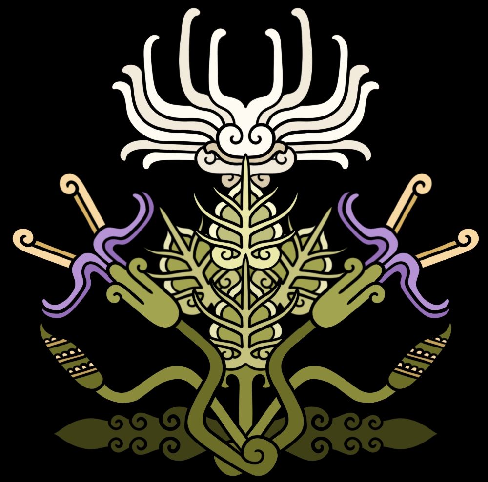 Centaurea diffusa and Chorispora tenella. Mayan-stylized glyph art by Monarobot.