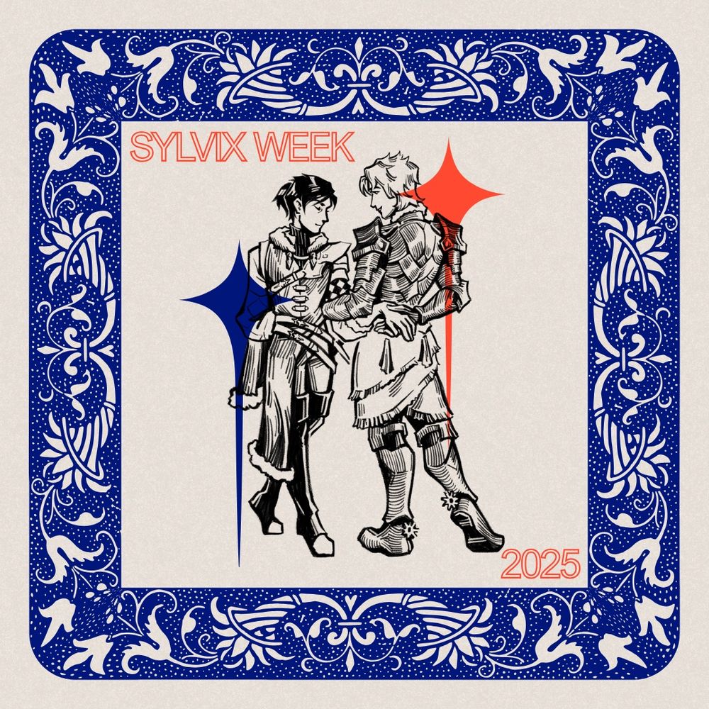 woodcut style black and white illustration of felix and sylvain posed as though they’re beginning a courtly dance. behind each of them is a star with an elongated tail in saturated shades of blue and orange. they are surrounded by an intricate blue square frame, and in opposite corners inside the frame are “sylvix week” and “2025” in orange type
