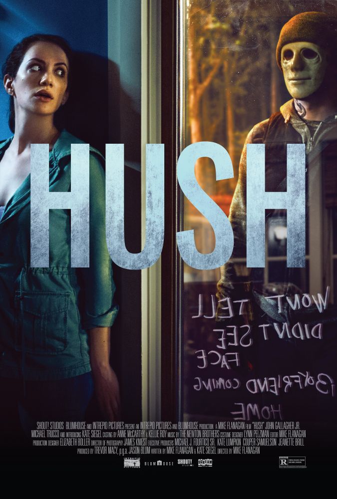 Movie poster for Hush. A woman hides from a man wearing a scary expressionless mask.