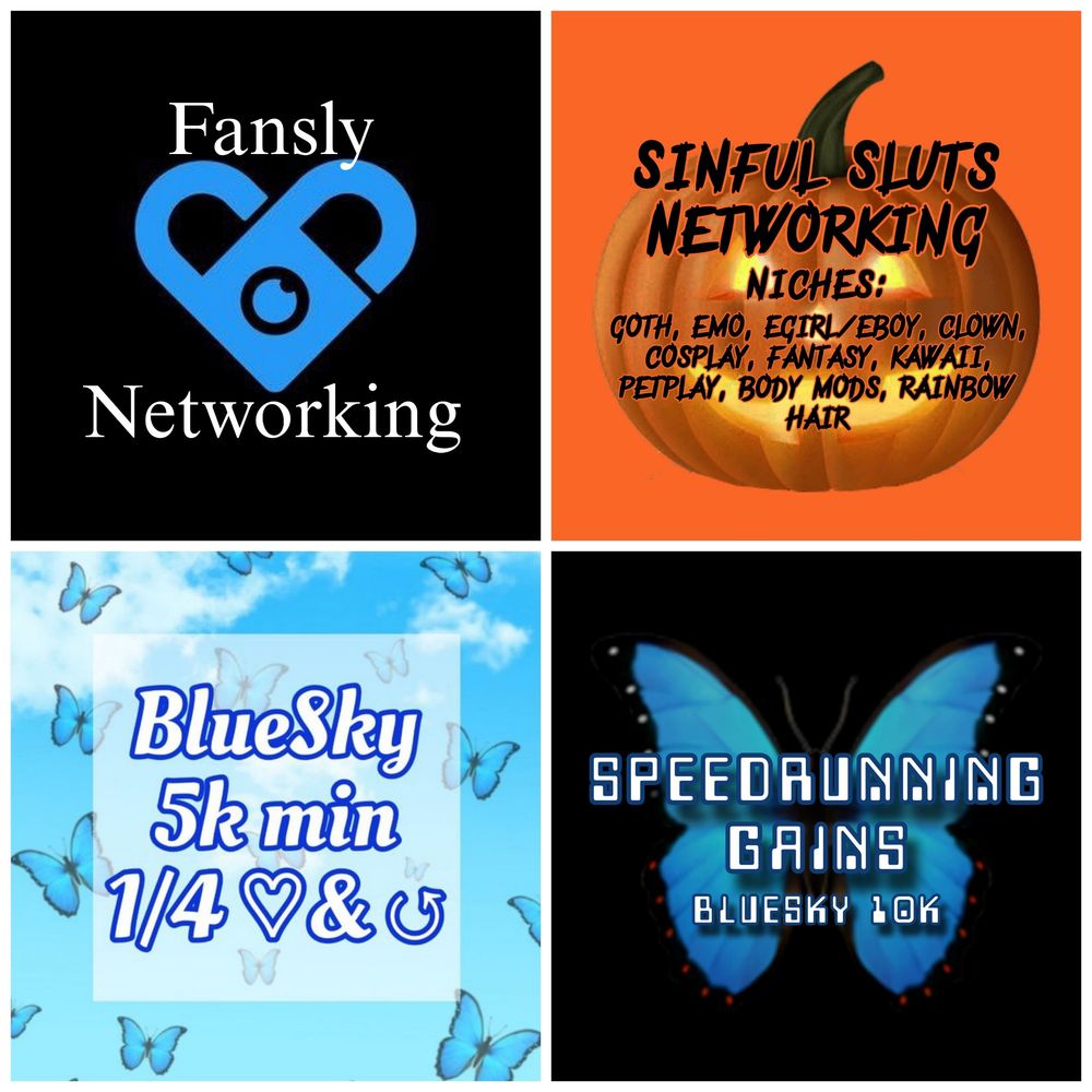 A screenshot of all of my groups. We have fansly networking, Sinful sluts Networking, bluesky 5k min, and speedrunning gains 10k min
