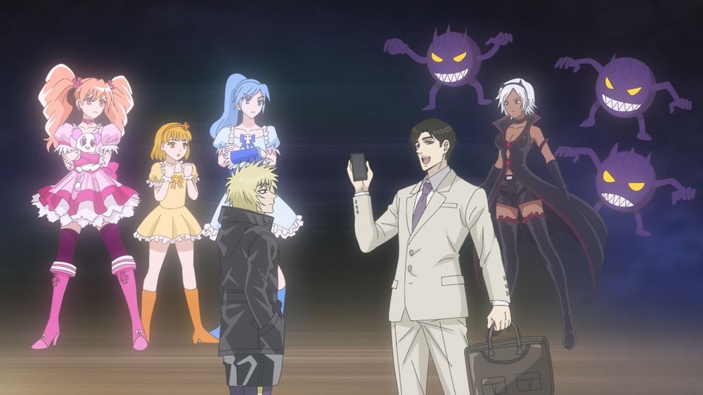 Ninja vs. Gokudo #01: Shinoha, a blond surly teenage boy, and Kiwami, a loud and enthusiastic business man, talk about Flash Princess - a parody of Fresh Precure! - on the street, complete with obvious stand-ins for the characters visualised behind them