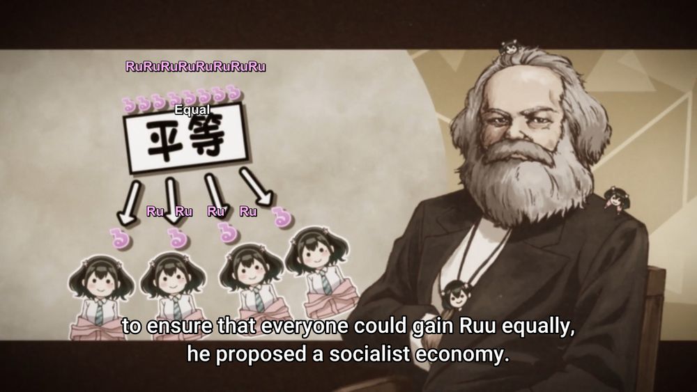 Bad Girl #10: A picture of Karl Marx and a graph demonstrated the economy under socialism, except all capital has been replaced with Ruu, and Ruu explains 