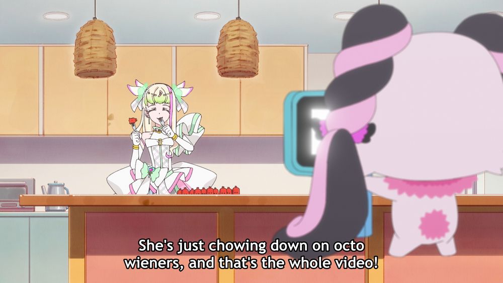 You and Idol Precure #27: Meroron recording Cure Zukyoon joyously eating tons of octo-wieners, while Nana reacts "She's just chowing down on octo wieners, and that's the whole video!"