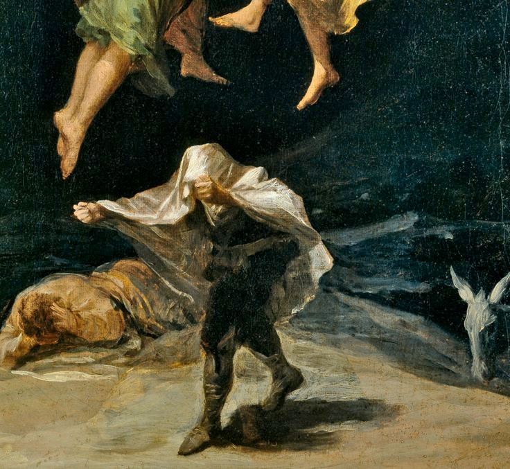 A specific portion of Goya's "Witches' Flight" with a dude that has some sort of white cloth over his head, back and arms with his hands poking out.