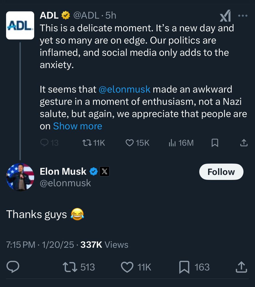 Elon Musk replying “thanks guys 😂” to ADL post apologizing for his Nazi salute 