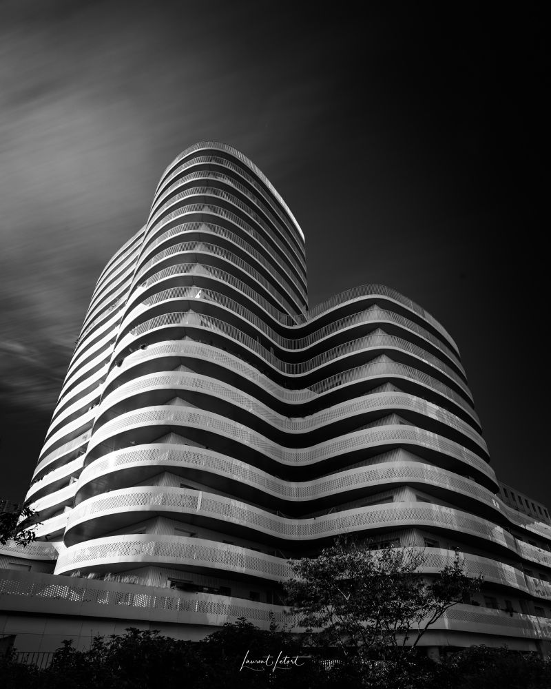 New'R
Photographie en noir et blanc du New'R, un édifice du cabinet d'architecte Hamonic et Masson, soulignant sa silhouette et son caractère architectural arrondi distinctif à travers un jeu de lumière et d'ombre.
