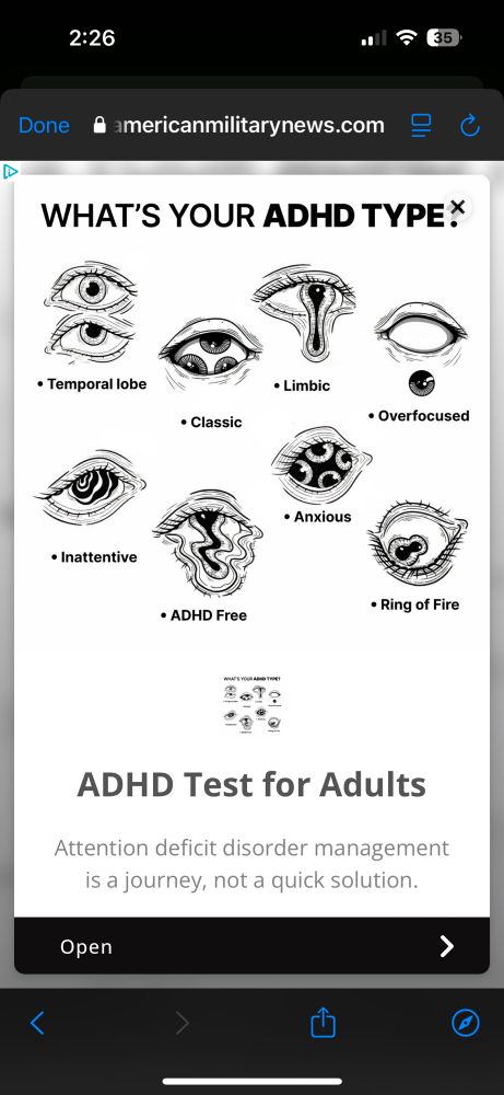 Insane ad for an “ADHD Test for adults” featuring a bunch of messed up illustrations of eyes.
