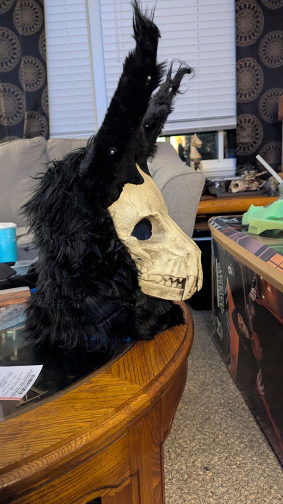 Work in progress of SCP-1471 MalO cosplay built on a spirit Halloween skull dog base.