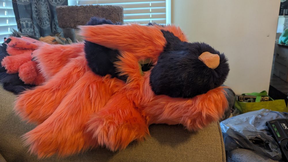 A work-in-progress photo of an Incineroar fursuit head.