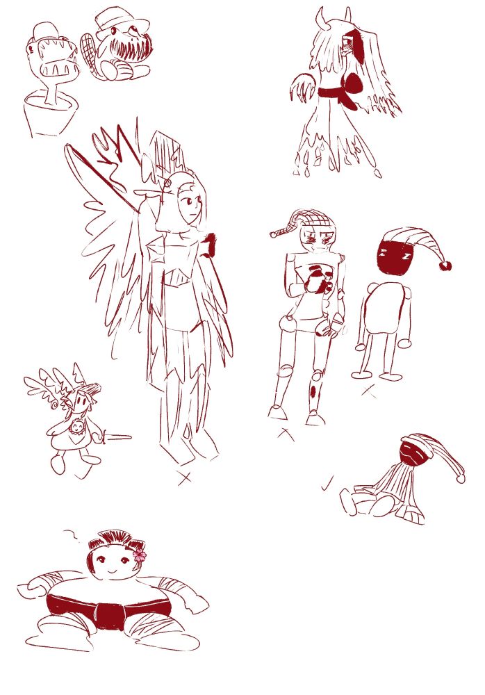 I'm still working on drafting some creatures for a pokemon clone I'm thinking of making. This image has a venus flytrap kid, a beaver thing with a big maw and big fangs, but it's kind of stupid so it's charming, some kind of oni ghost bride, a couple attempts at drafting a guardian angel, a few attempts at making a sleepy android, and then a sumo wrestler.