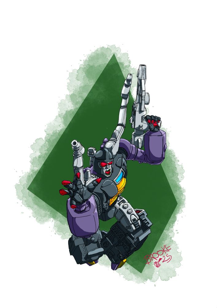Digital painting of the transformer insecticon Shrapnel who is snarling flying through the air and reaching out to the viewer with a clawed hand. The robot is dark grey with red eyes and claw tips, purple arms, a yellow chest, grey thighs, stag beetle horns and gun. There is an abstract dark green background.