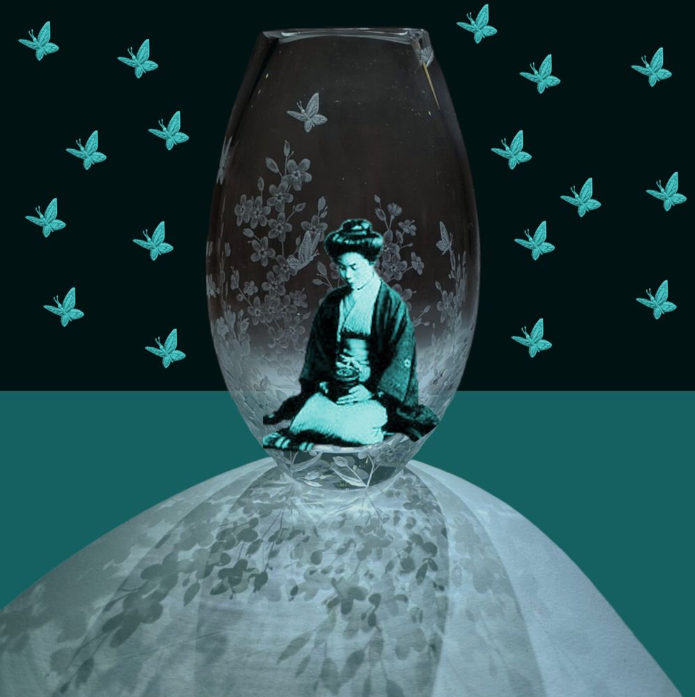 Digital collage depicting a woman in traditional Japanese clothes, kneeling inside a glass vase on a teal surface. The vase casts a long shadow. Black background with teal butterflies, mirroring the single butterfly etched on the vase.