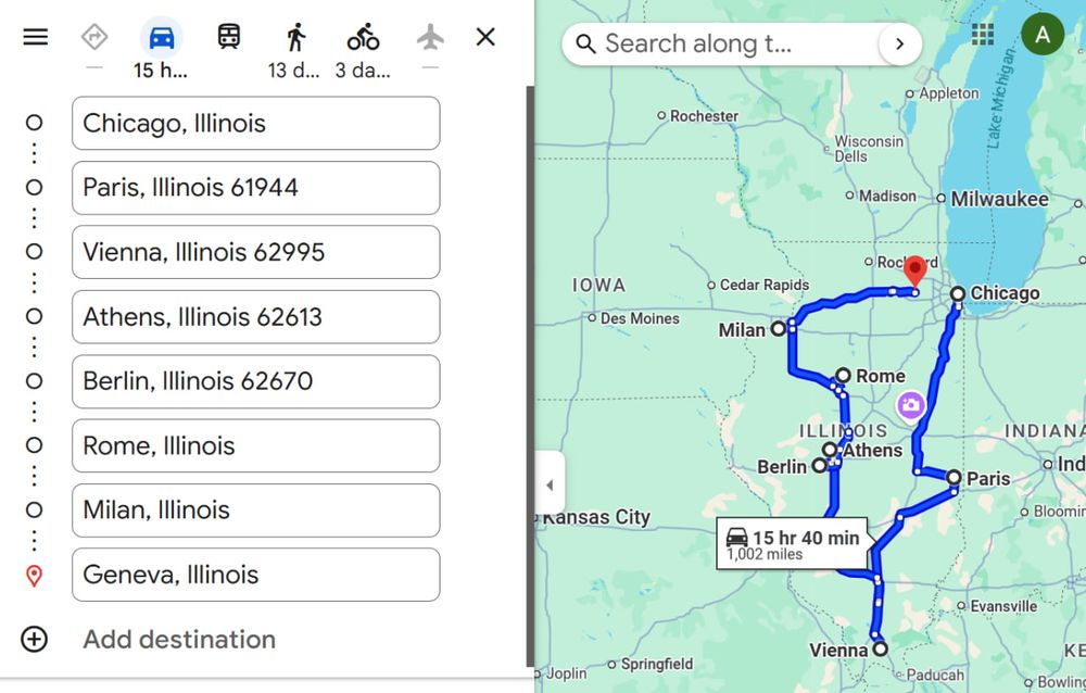 A google map with a path through the state of Illinois with 7 towns with the same names as major European cities (Paris, Vienna, Athens, Berlin, Rome, Milan, Geneva, IL). 