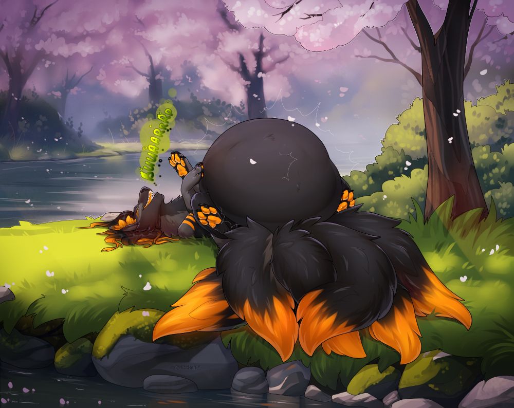 Fayanna in her feral form laying on her back after eating a bunch of hunters. She lets out a loud belch as her big and round belly sloshes softly. In the background we see a small creek and a lot of cherry blossom trees, creating a beautiful scenery .