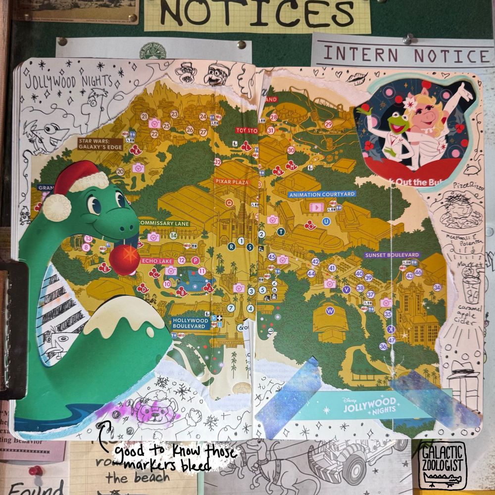 A sketchbook page with pieces of the jollywood nights map in the middle. Surrounding it is little doodles of Santa Duffy, phineas and ferb and food. 