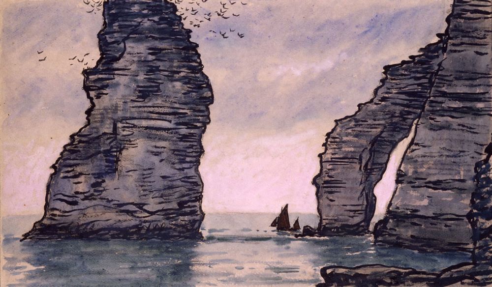 Étretat. Boote am Fuße des Felsens "Nadel", um die Spitze des Felsens schwirrt ein Schwarm Seevögel, chinesische Tinte auf Aquarell