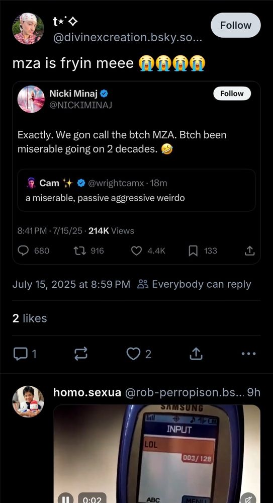 Account:divinexcreation.bsky.social post: "mza is fryin meee 😭😭😭😭" in response to Nicki post mocking sza calling her mza for miserable