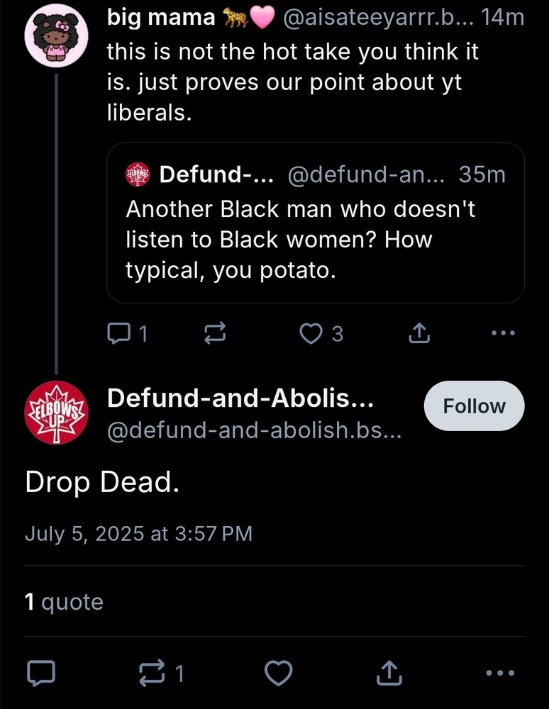 Account: defund-and-abolish.bsky.social telling a black person to drop dead and telling a black man they dont listen to black women
