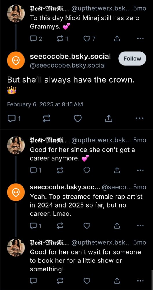Account: seecocobe.bsky.social responding to post saying nicki has no grammys with "But shelalways have the crown." And with a follow up post "Yeah. Top streamed female rap artist in 2024 and 2025 so far, but no career. Lmao."