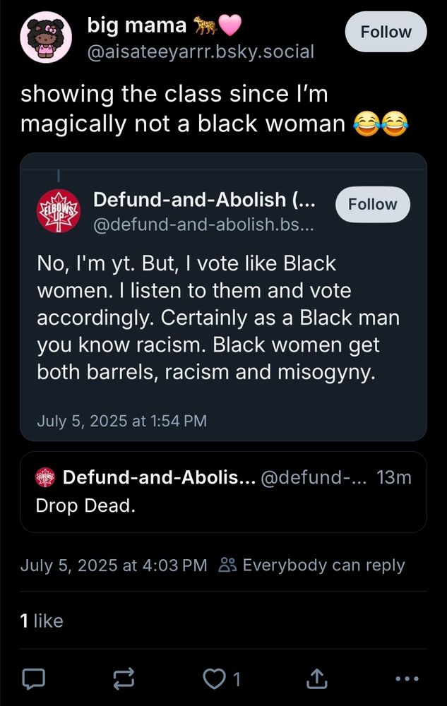 Account: defund-and-abolish.bsky.social telling a black woman to dop dead