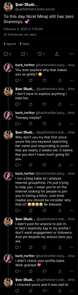 Account: @barbtwiter.bsky.social responding to post saying nicki minaj has no grammy with "You ever explore why that makes you so giddy?" Page has nothing but pro nicki propaganda