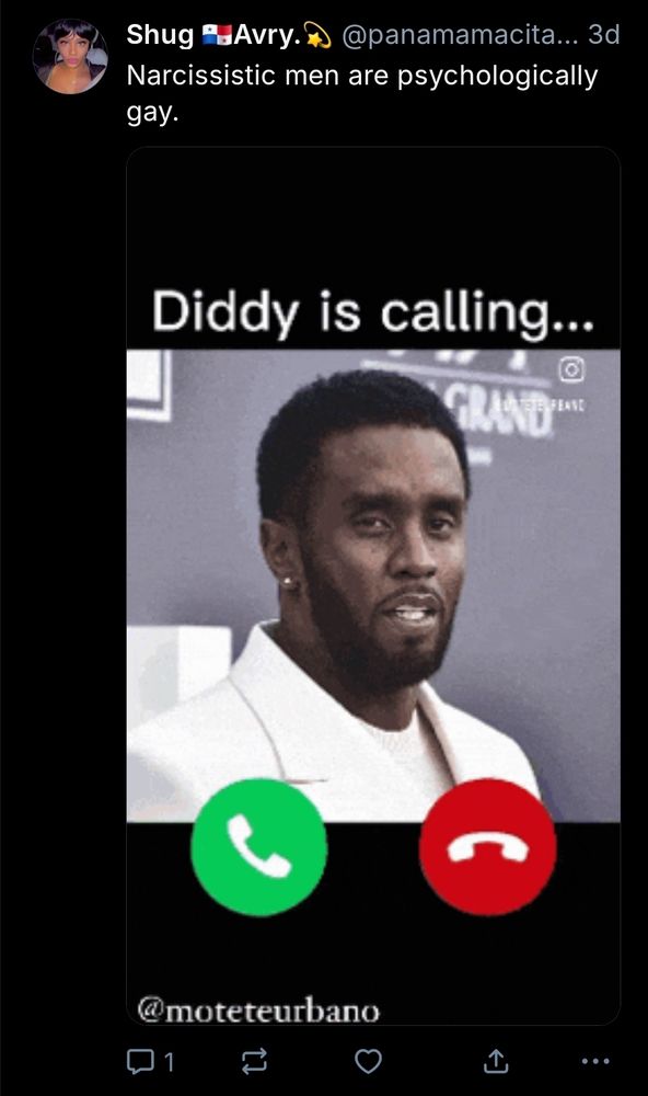 Account: panamamacita.bsky.social post "Narcissistic men are psychologically gay." With a picture of diddy