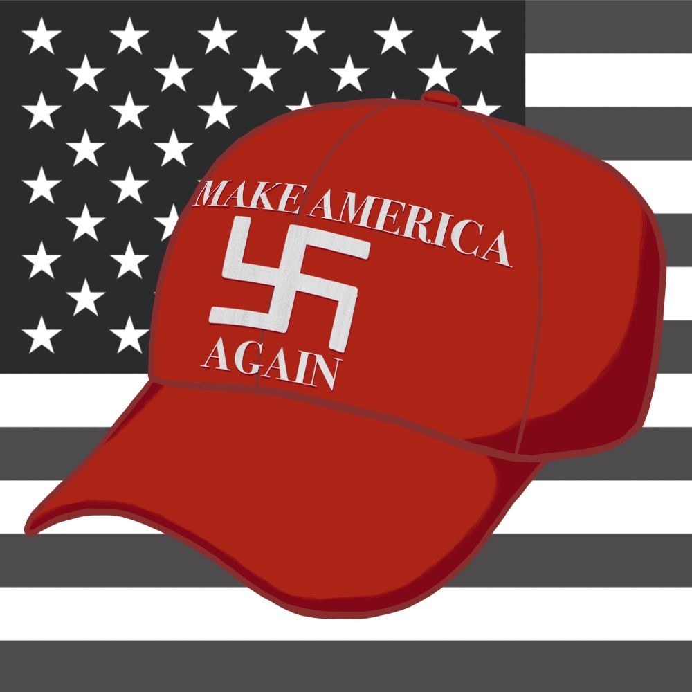 Digital drawing of the Red MAGA cap with changed text on the front saying "Make America -swastika icon- again". There's cropped USA flag in grayscale in the background.