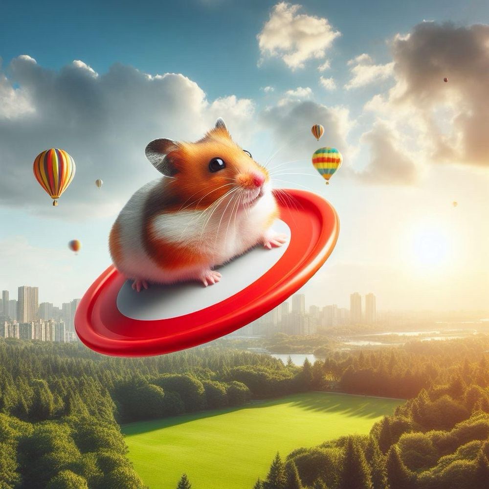 a hamster sitting comfortably on a frisbee flying over a park