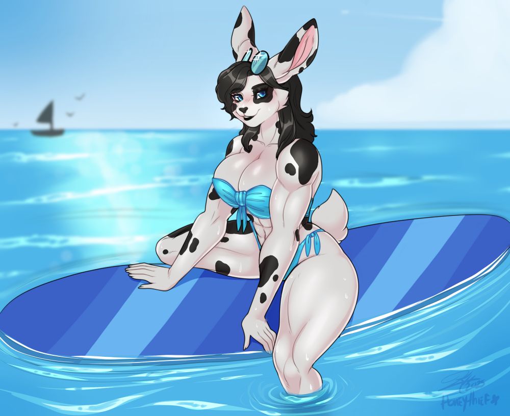 Female anthro spotted bunny wearing a blue bikini and sunglasses smiles while sitting on a surf board in the ocean